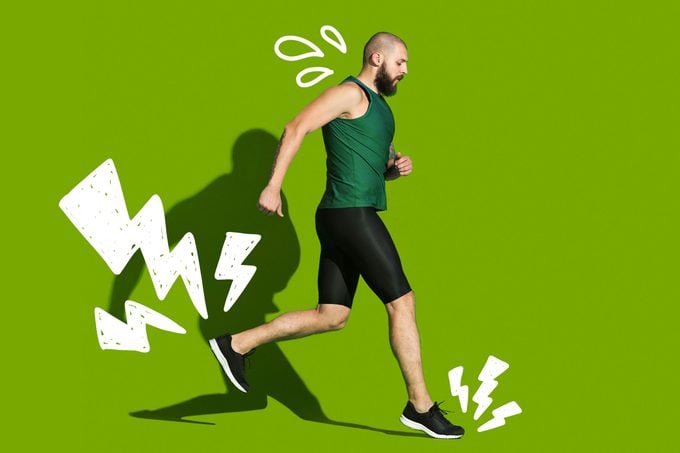 Bearded man jogging in front of green background. Doodles of lightning bolts and sweat