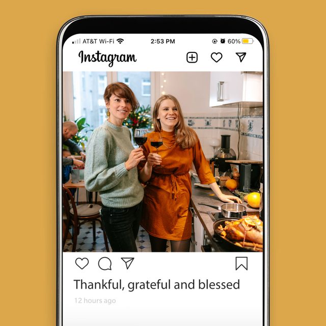 two women standing in a kitchen cooking during thanksgiving with a caption that says, "Thankful, grateful and blessed"