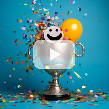 gold trophy on blue background with smiley face, baloon, and confetti coming out the top of the trophy. play button overlay.