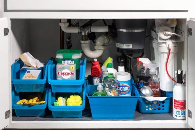 organized cleaning supplies in bins under kitchen sink