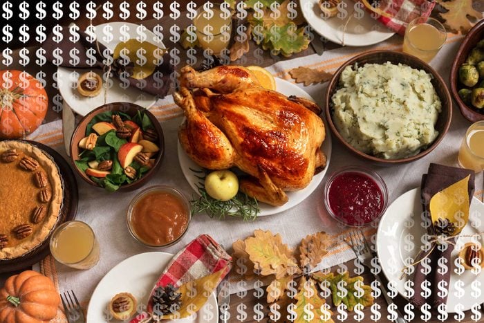 Thanksgiving table with dollar signs overlay