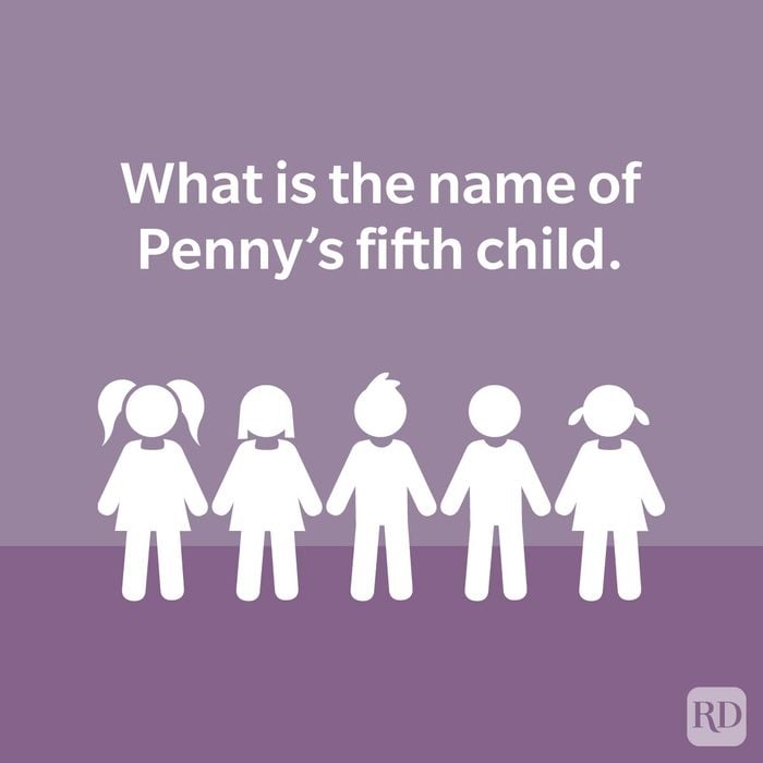 The Penny Has 5 Children Riddle with icon illustration of 5 children on duo toned purple backgound