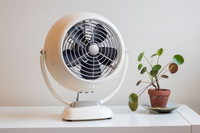 fan on a dresser next to a plant