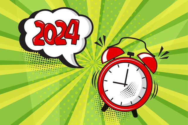 Comic alarm clock New Year 2024, funny wake up vector icon, countdown speech bubble on green background. Sound effect and halftone dots shadow in pop art style. Christmas illustration