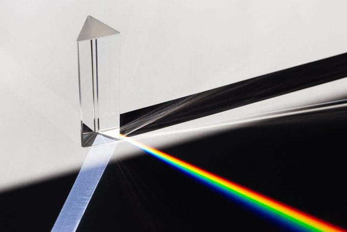 A prism dispersing sunlight splitting into a spectrum on a white background