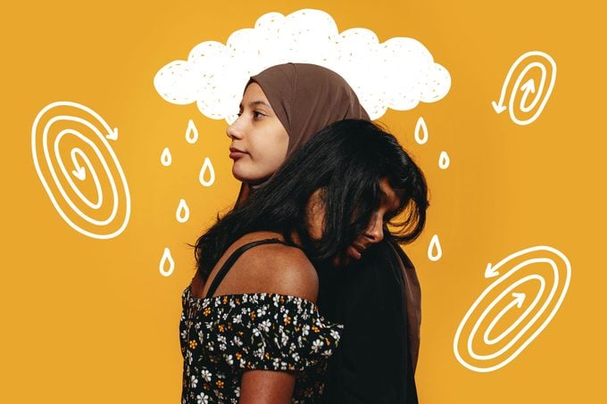 Two women leaning on each other on a yellow background, rain cloud and spiral doodles