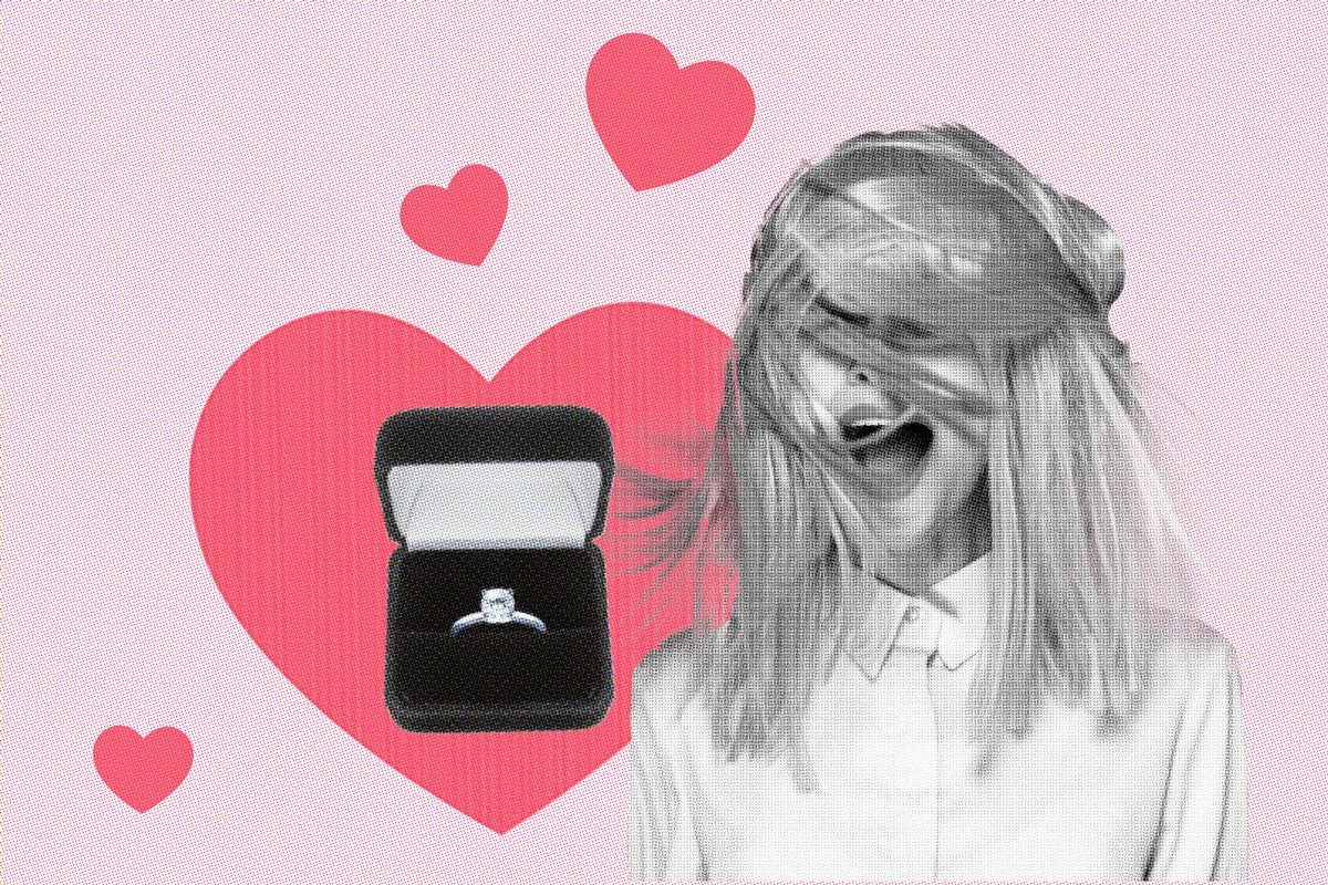woman with wind blown hair and an engagement ring with hearts in the background