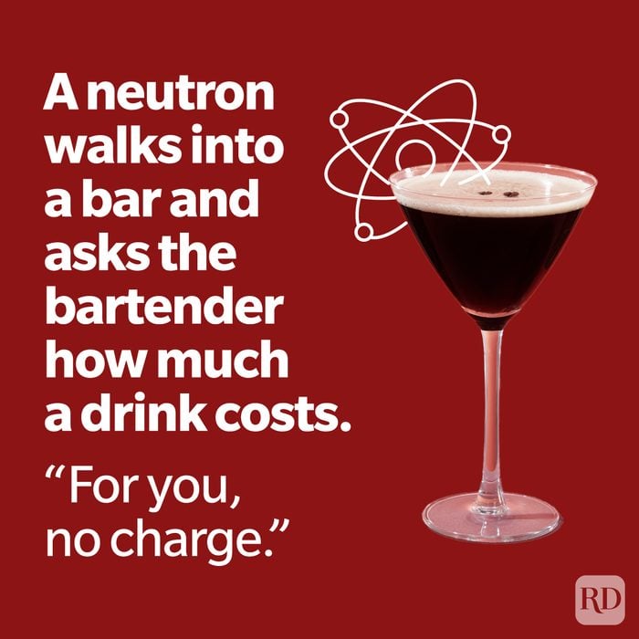Chemistry Jokes And Puns Every Science Nerd Will Appreciate "A neutron walks into a bar and asks the bartender how much a drink costs "For you, no charge."" with a martini and an atom doodle on red background
