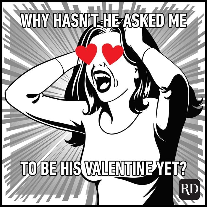Funny Valentines Day Memes Everyone Can Relate To illustration of a woman pulling her hair madly in love meme with copy "Why hasn't he asked me to be his valentine yet?"
