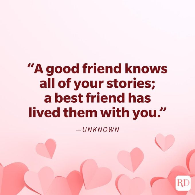 Galentines Day Quotes To Make Your Gal Pals Day quote "A good friend knows all of your stories; a best friend has lived them with you." on a pink background with paper origami hearts