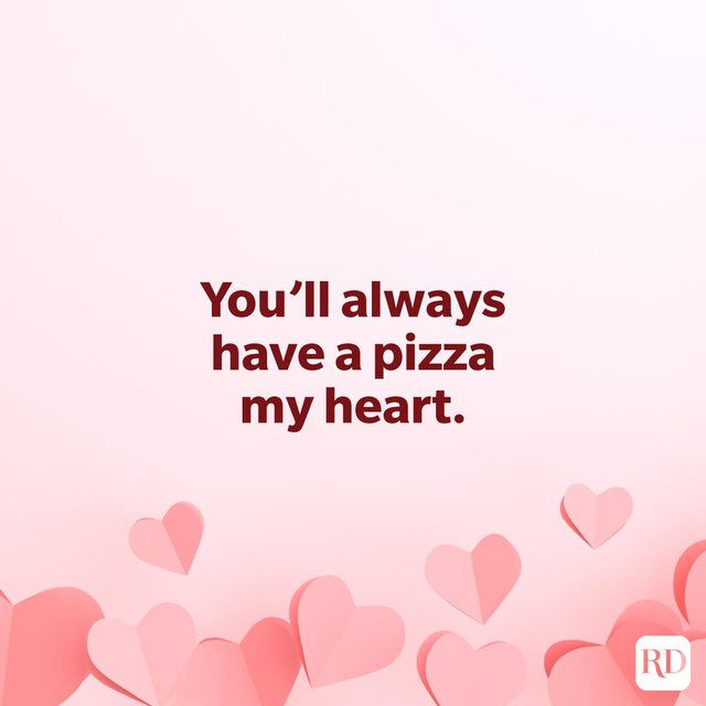 Galentines Day Quotes To Make Your Gal Pals Day pun "You'll always have a pizza my heart." on a pink background with paper origami hearts