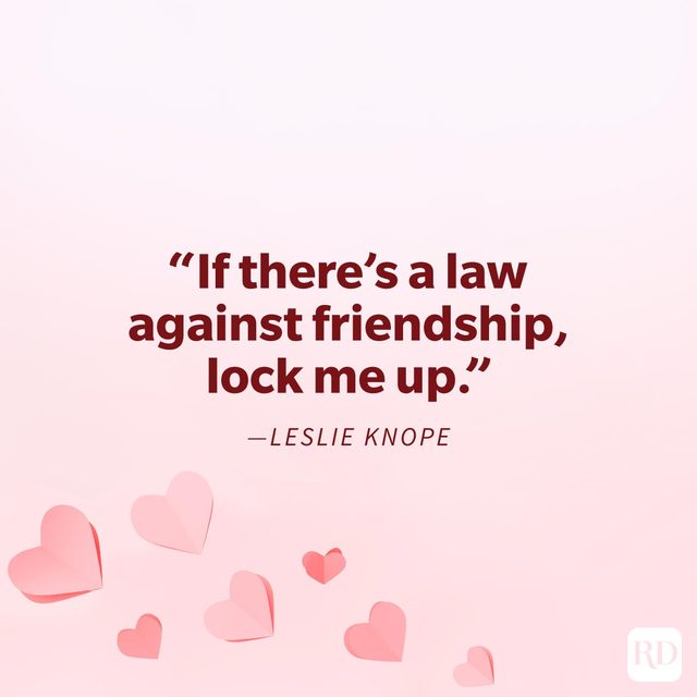 Galentines Day Quotes To Make Your Gal Pals Day quote "If there's a law against friendship, lock me up." by Leslie Knope on a pink background with paper origami hearts concentrated on the lower left corner