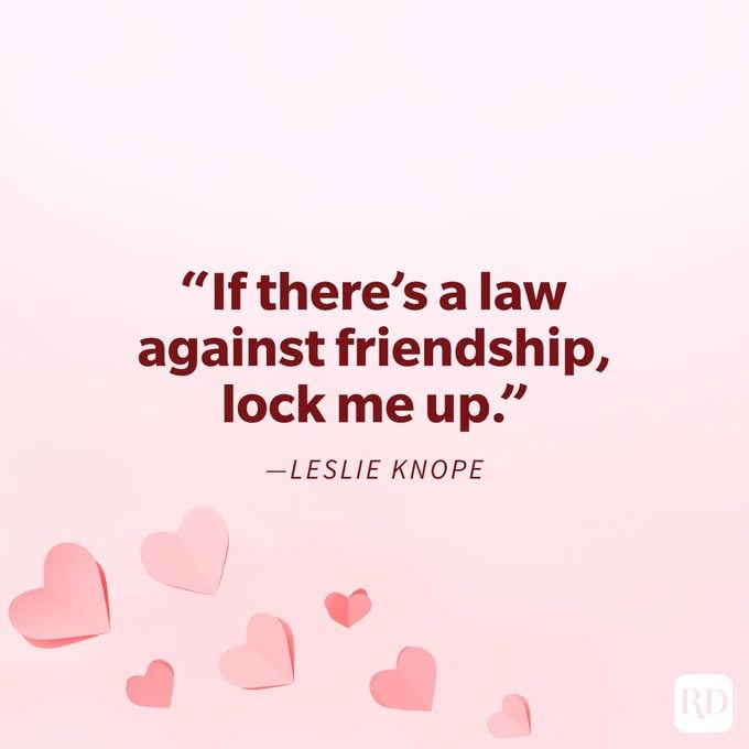 Galentines Day Quotes To Make Your Gal Pals Day quote "If there's a law against friendship, lock me up." by Leslie Knope on a pink background with paper origami hearts concentrated on the lower left corner