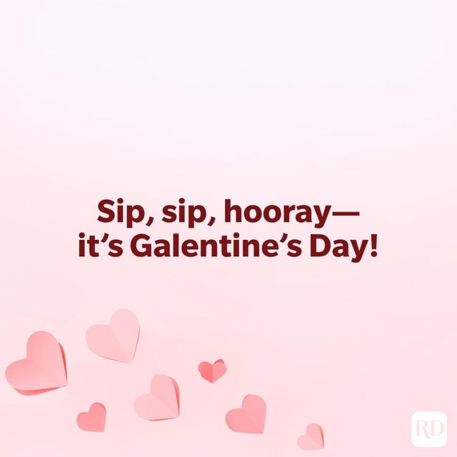 Galentines Day Quotes To Make Your Gal Pals Day quote "Sip, sip, hoorayit's Galentine's Day!" on a pink background with paper origami hearts concentrated on the lower left corner