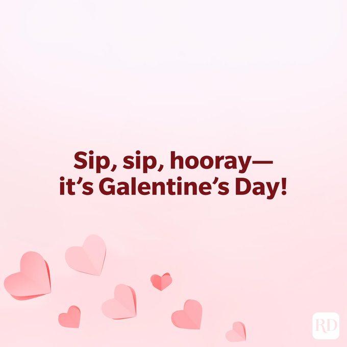 Galentines Day Quotes To Make Your Gal Pals Day quote "Sip, sip, hooray—it's Galentine's Day!" on a pink background with paper origami hearts concentrated on the lower left corner