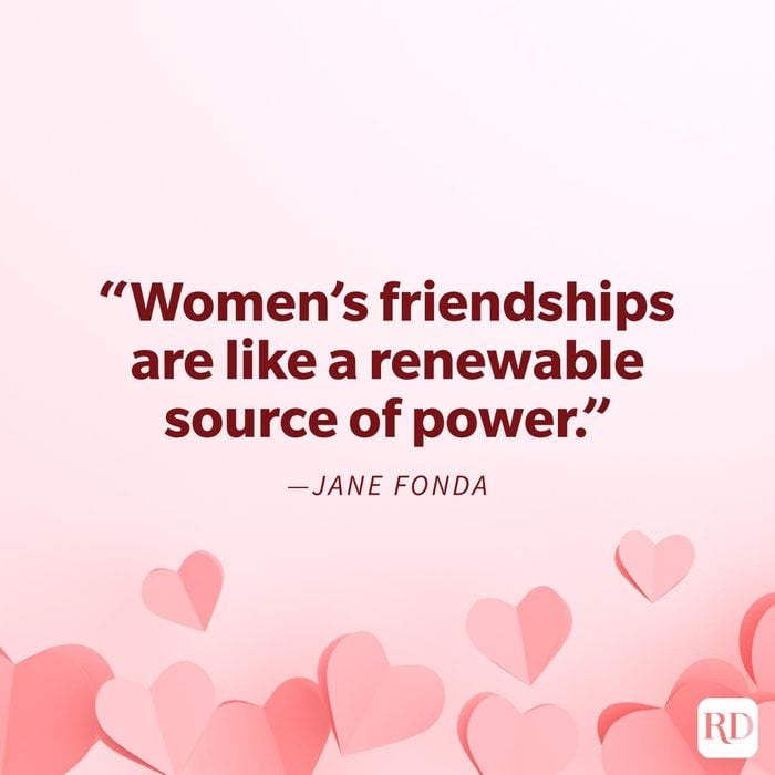 Galentines Day Quotes To Make Your Gal Pals Day quote "WWomen's friendships are like a renewable source of power." by Jane Fonda on a pink background with paper origami hearts placed in a heart shape