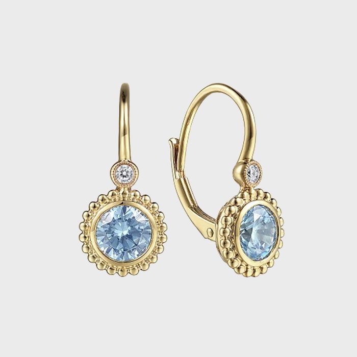 Gabriel & Co 14K Yellow Gold Diamond and Blue Topaz Bujukan Drop Earrings