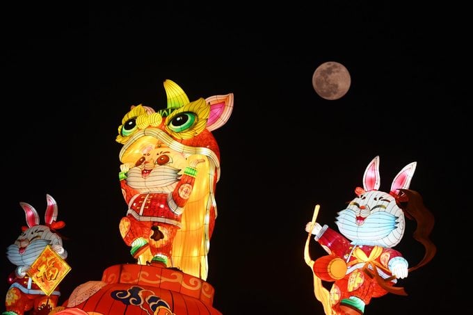 moon and glowing rabbit decorations for Chinese lunar new year celebration