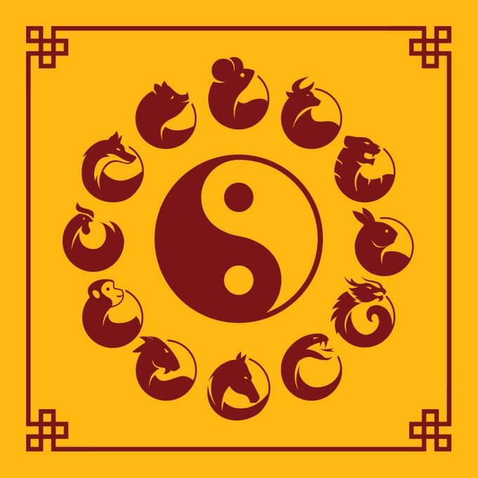 Circle of all 12 Chinese zodiac animals around a yin yang symbol