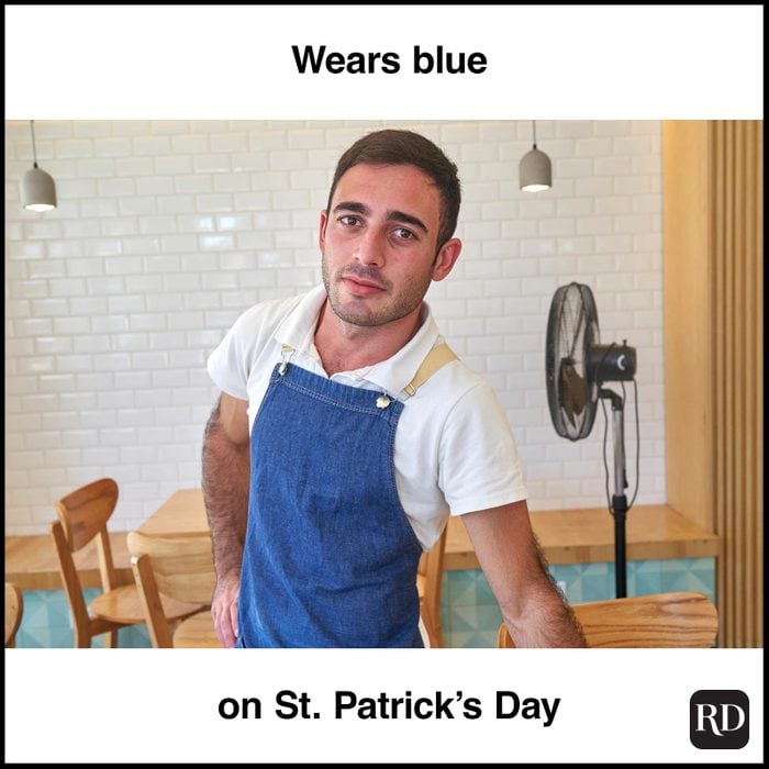 St. Patrick’s Day Meme of hipster barista wearing blue on St. Patrick's day.