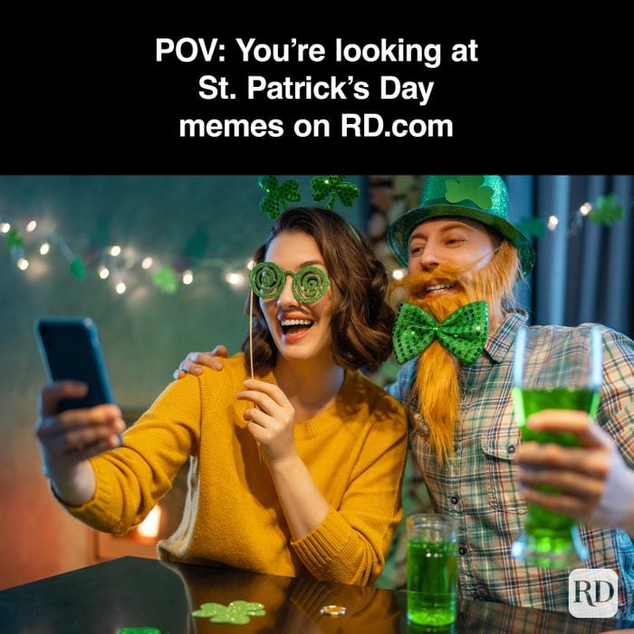 St. Patrick’s Day Meme of a couple enjoying their celebration by going through their phone.