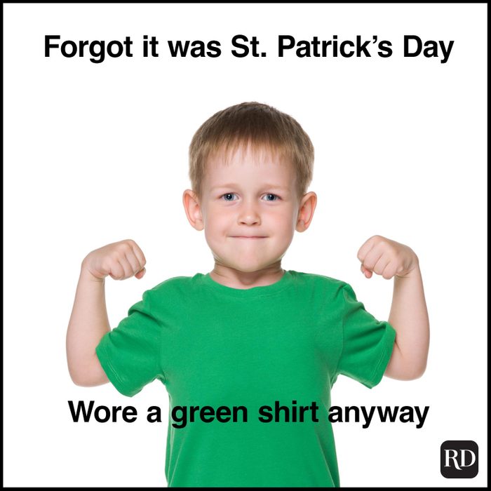 St. Patrick’s Day Meme of a child winning by wearing a green shirt.