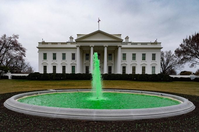 The water in the fountain on the North Lawn of the White House is seen dyed green for St. Patrick's Day in Washington, DC