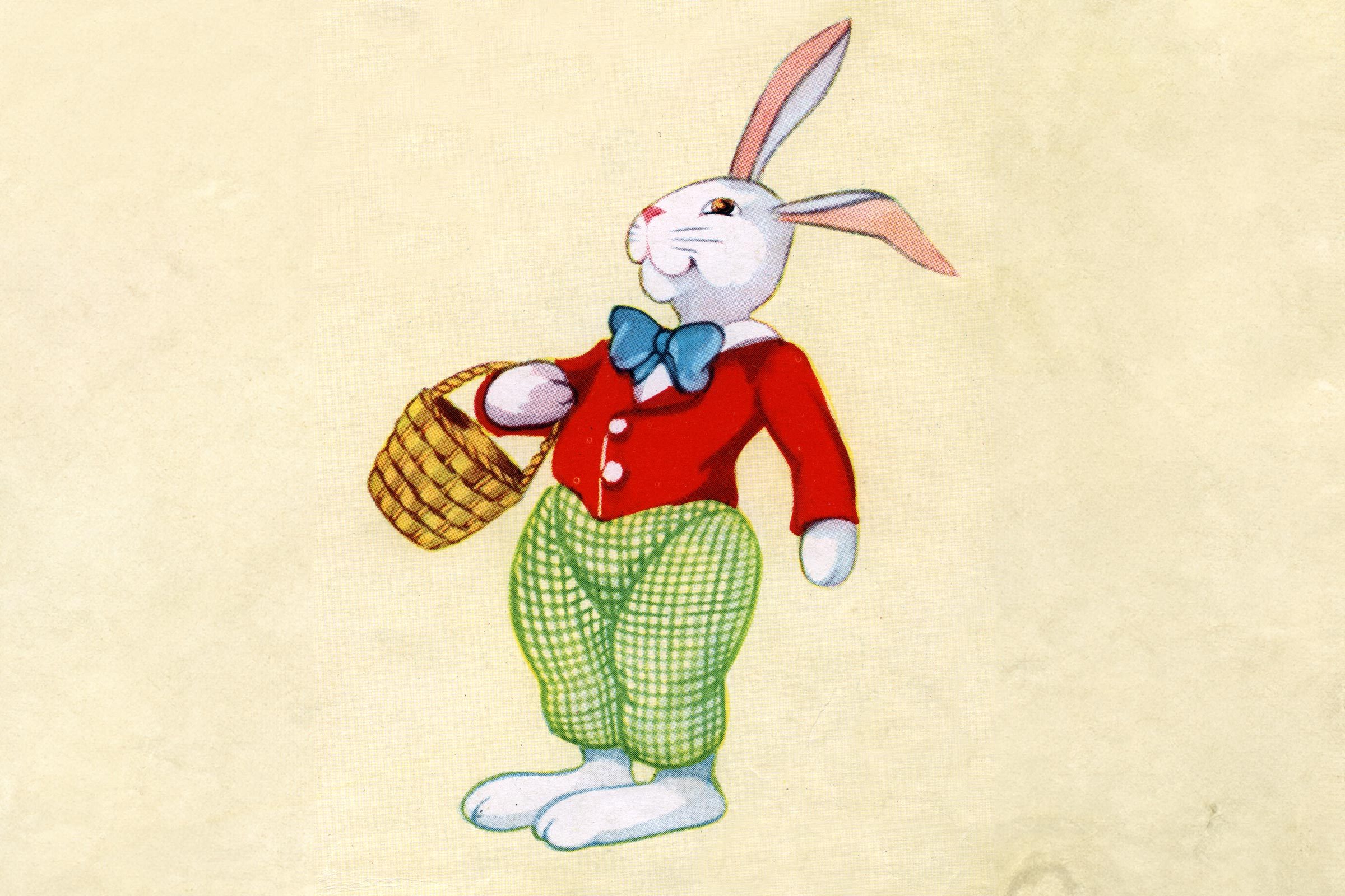 drawing of white easter bunny with clothes and basket