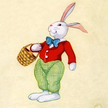 drawing of white easter bunny with clothes and basket
