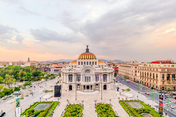 Mexico City Aerial View Of Palacio De Bellas Artes At Sunset
