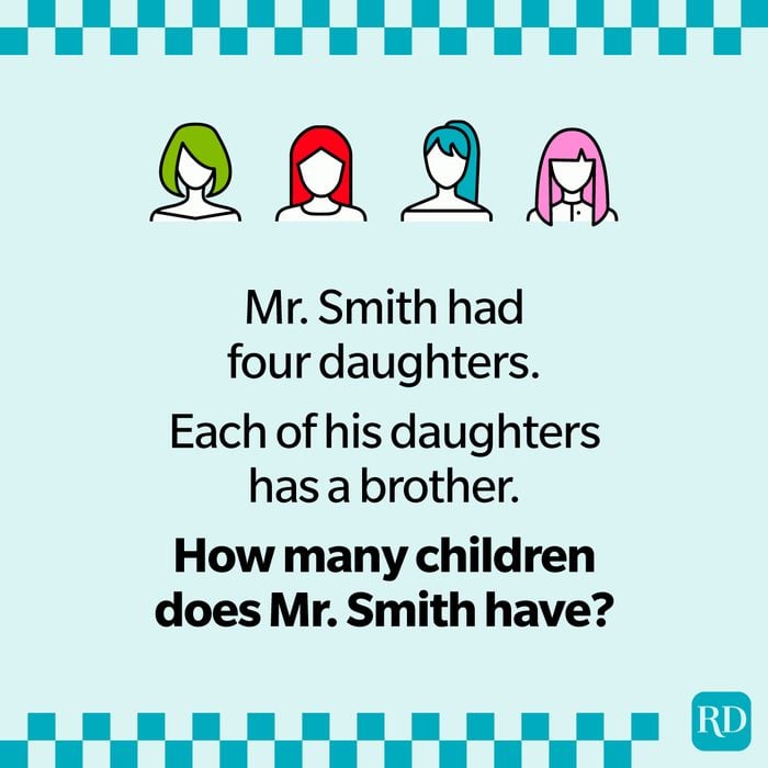 Mr. Smith had four daughters. Each of his daughters has a brother. How many children does Mr. Smith have? riddle with illustrations of four daughters.