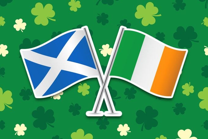 scottish and irish flags on a green shamrock background