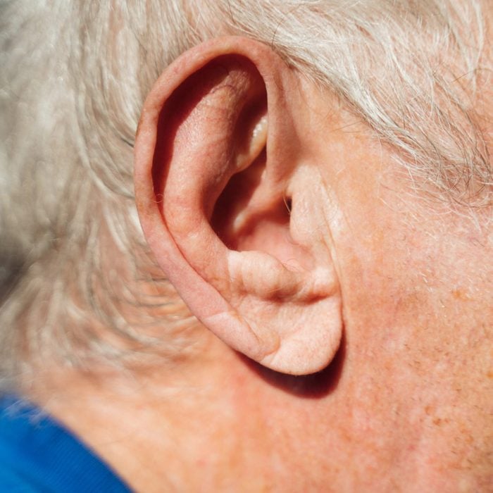 Close-up of old man ear and grey hair in bright sunlight