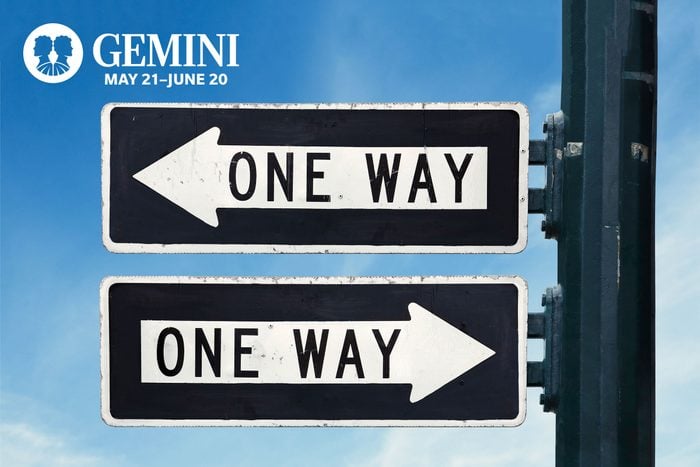 confusing one way signs pointing in opposite directions with gemini zodiac in upper left corner