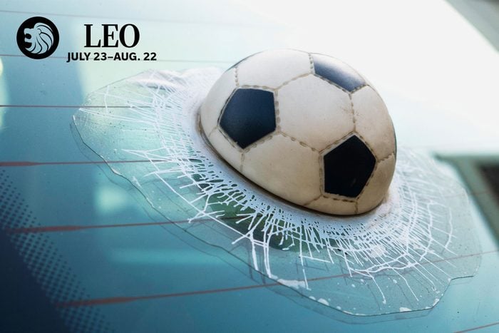 fake soccer ball in window car sticker with leo zodiac in upper left corner