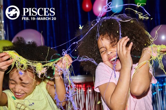 two young kids with silly string with pices zodiac in upper left corner