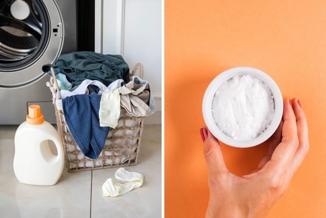 Basket With Laundry And Washing Machine On The Left And A Hand Holding Small Bowl Of Baking Soda On Orange Background On The Right
