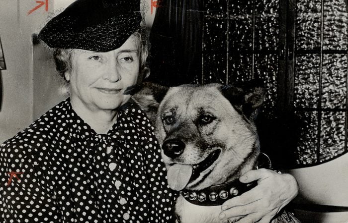 Barkless dog for Helen Keller. Helen Keller; amous mute and blind lecturer; has a new seeing eye. Sh