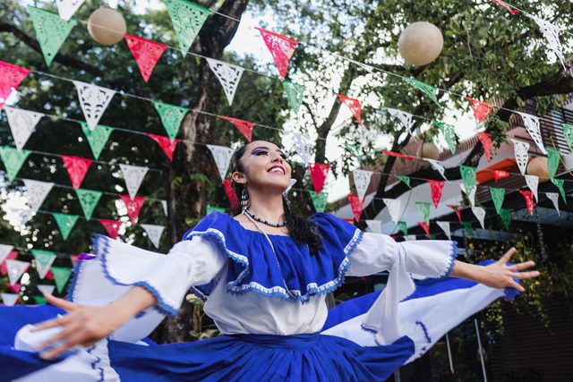 Latin Woman in Traditional Mexican Dress Dancing at parade or cultural Festival in Mexico Latin America, hispanic people in independence day