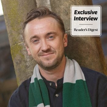 Tom Felton portrait with RD exclusive Interview graphic in the corner