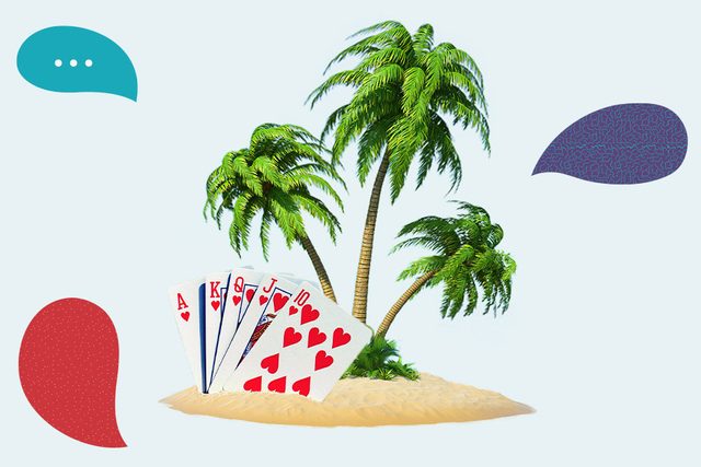 a sandy deserted island with three palm trees and some playing cards in the sand