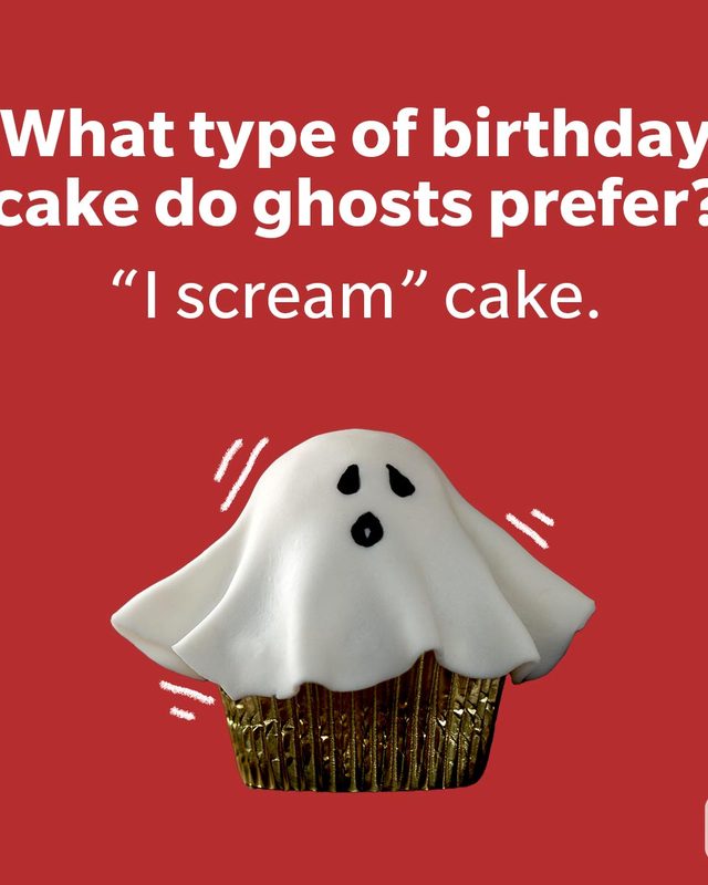 Birthday Jokes That Are Better Than Cake of a ghost screaming cupcake on red background