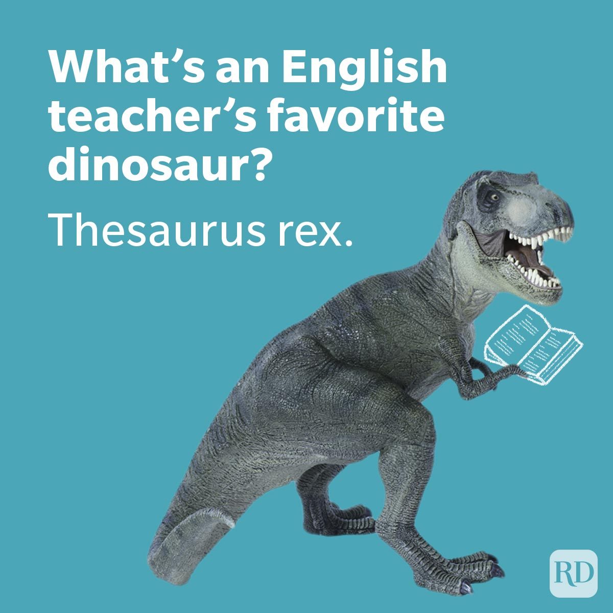 School Jokes That Won't Land You In Detention tyrannosaurus rex holding a thesaurus book dictionary on turquoise background
