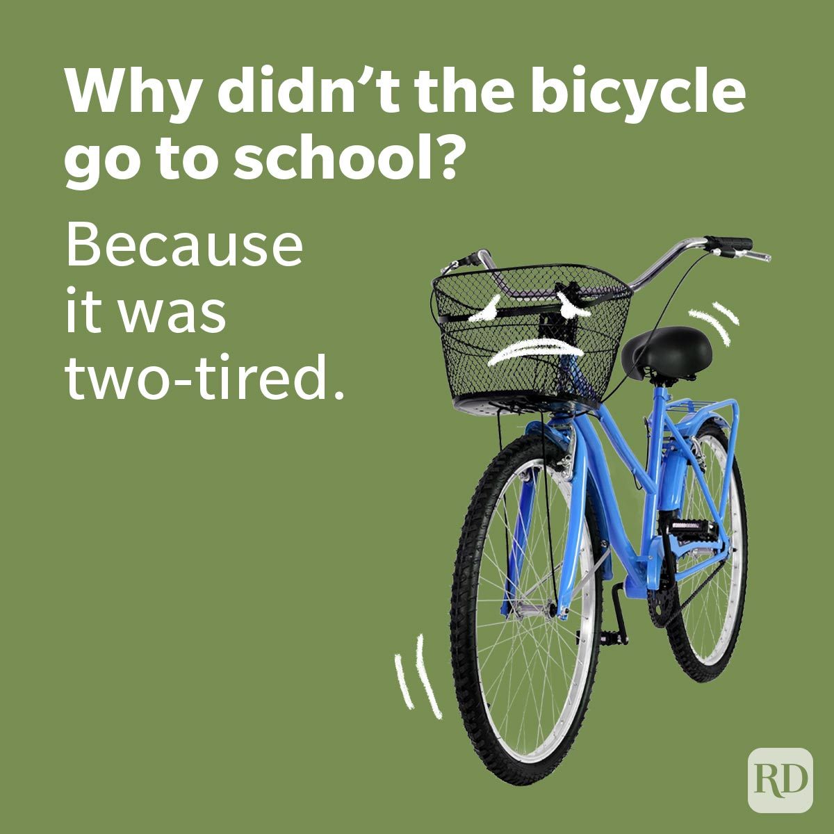 School Jokes That Won't Land You In Detention blue cycle with basket feeling weary and with tired expressions on green background