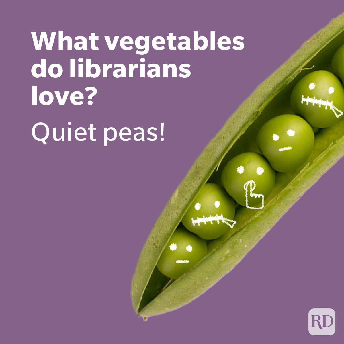 School Jokes That Won't Land You In Detention peas in a green pod with various whispering and shushing facial expressions on purple background